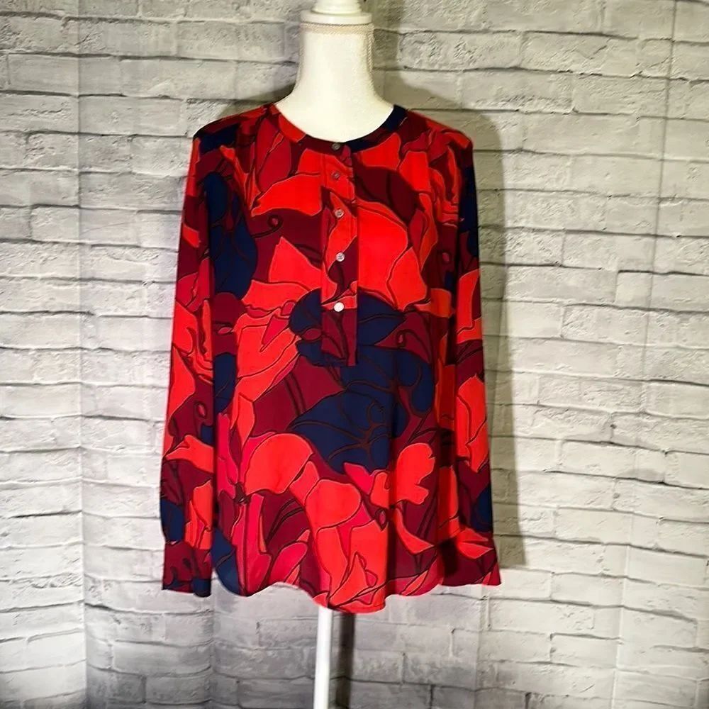 Loft // Red, Purple Palm Print Button Blouse